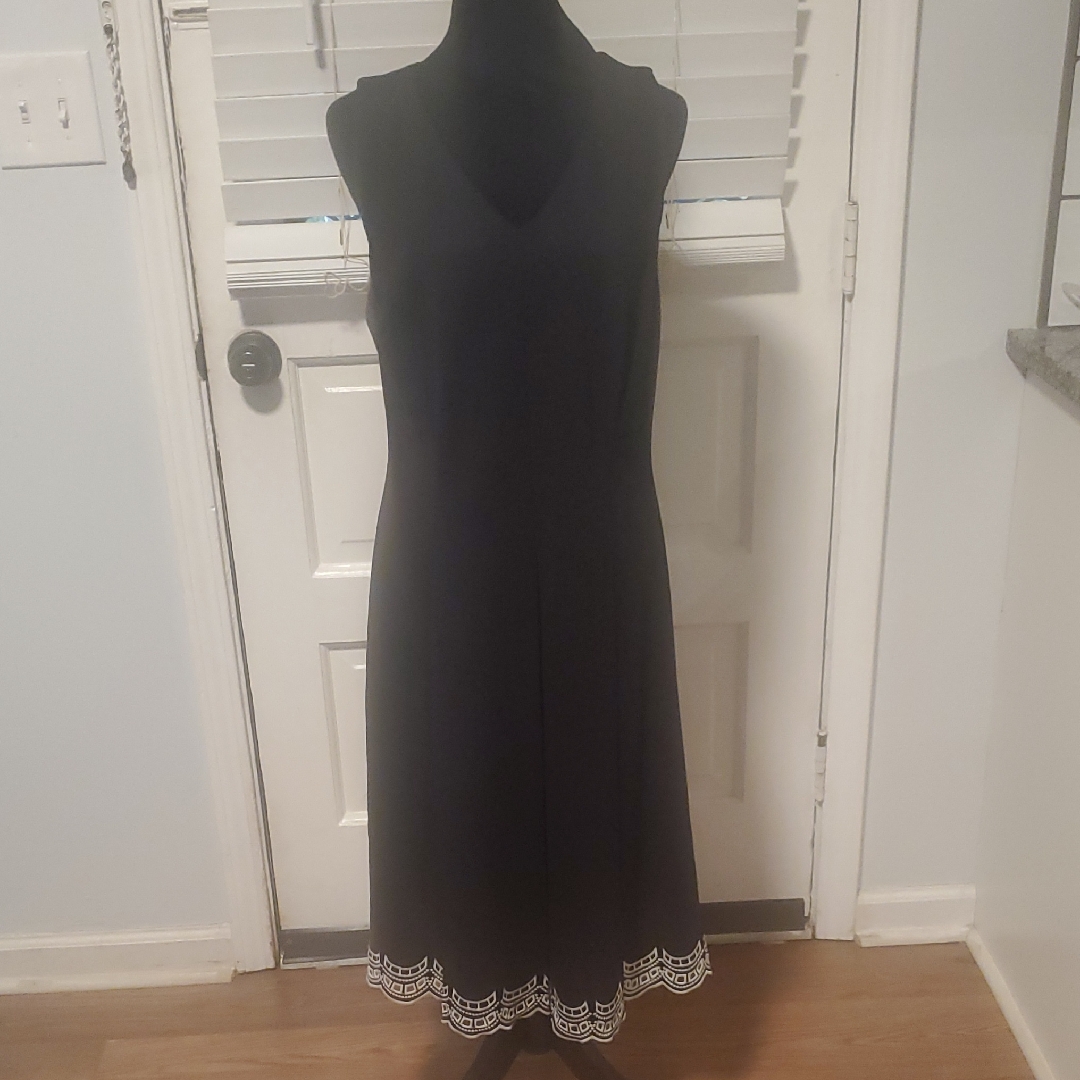 Talbots Black Sleeveless Midi Dress With White Lace Trim